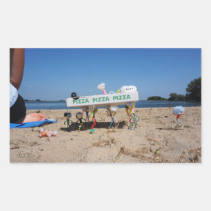 Fubby's stealing a pizza on the beach. rectangular sticker