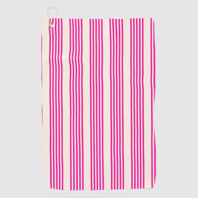 Fuchsia and beige five stripes pattern golf towel (Front)