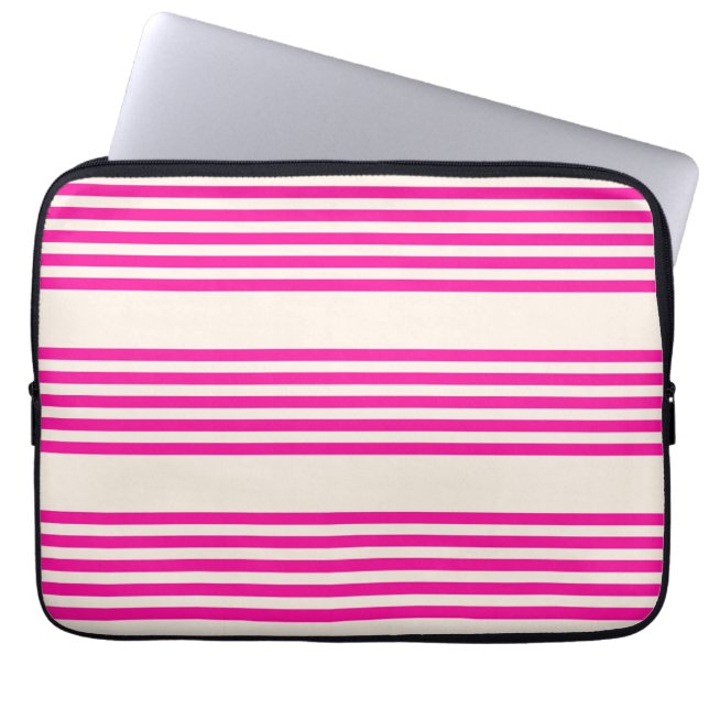 Fuchsia and beige five stripes pattern laptop sleeve (Front)