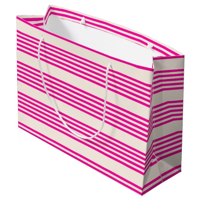 Fuchsia and beige five stripes pattern large gift bag (Back Angled)