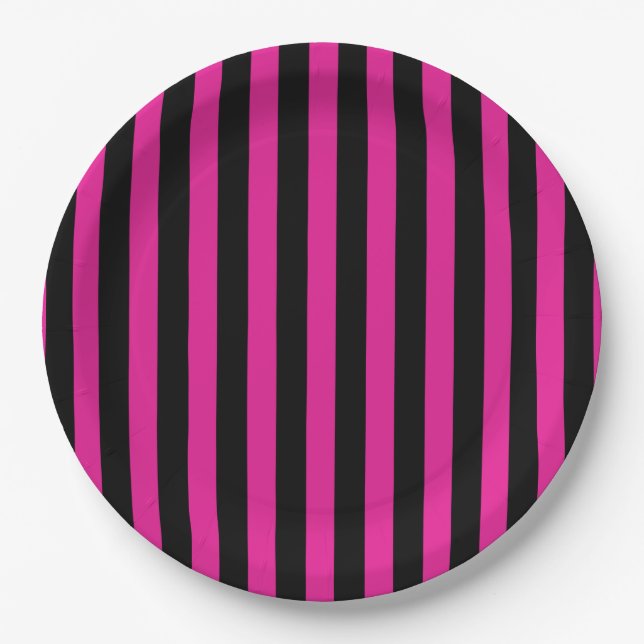 Fuchsia and black candy stripes paper plate (Front)
