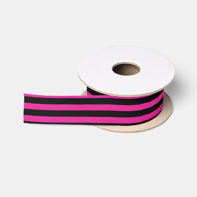 Fuchsia and black candy stripes satin ribbon (Spool)