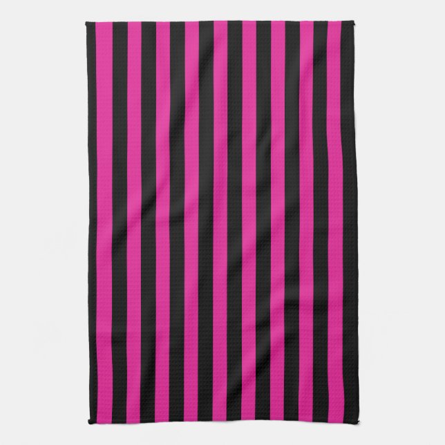 Fuchsia and black candy stripes tea towel (Vertical)