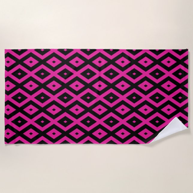 Fuchsia and black diamond pattern beach towel (Front)