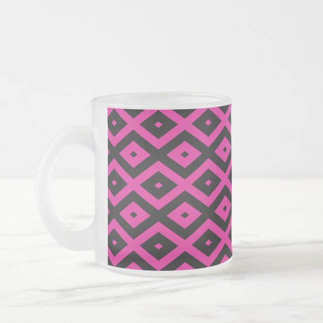 Fuchsia and black diamond pattern frosted glass coffee mug (Left)