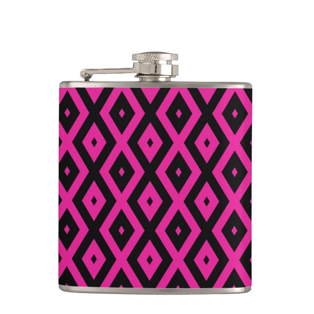 Fuchsia and black diamond pattern hip flask (Front)