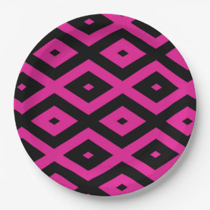 Fuchsia and black diamond pattern paper plate