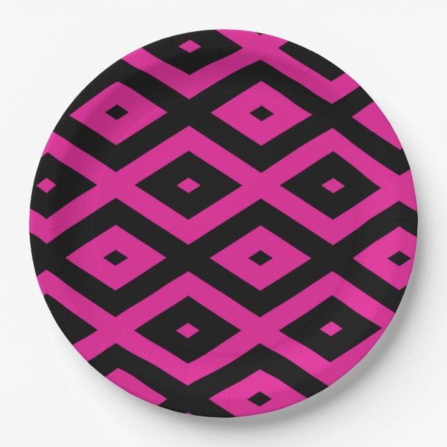Fuchsia and black diamond pattern paper plate (Front)