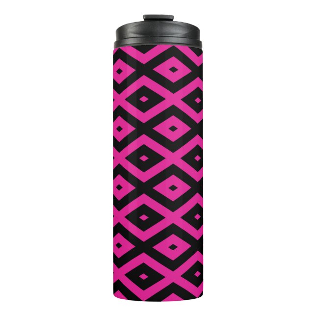 Fuchsia and black diamond pattern thermal tumbler (Front)