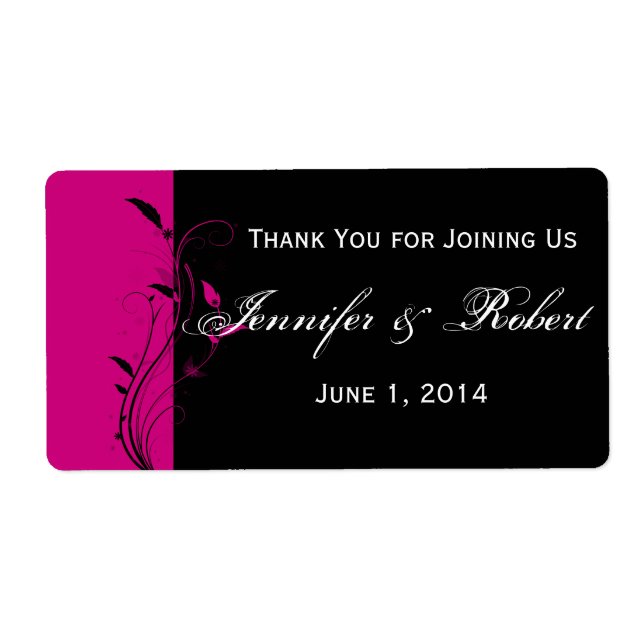 Fuchsia and Black Floral Water Bottle Label (Front)