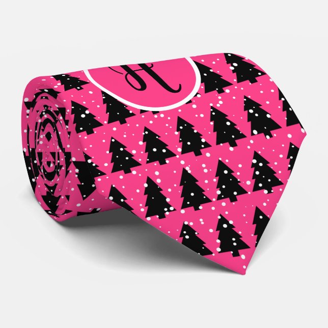 Fuchsia And Black Monogram Christmas Tree Neck Tie (Rolled)