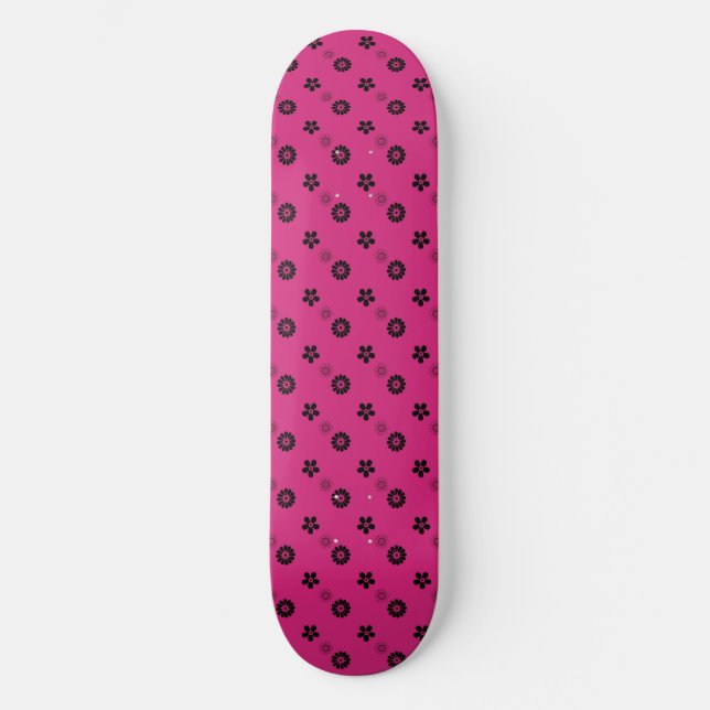 Fuchsia and Black Retro Flower Skatedeck Skateboard (Front)