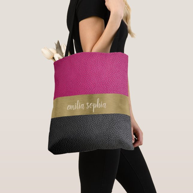 Fuchsia and Black with Gold Tote Bag (Close Up)