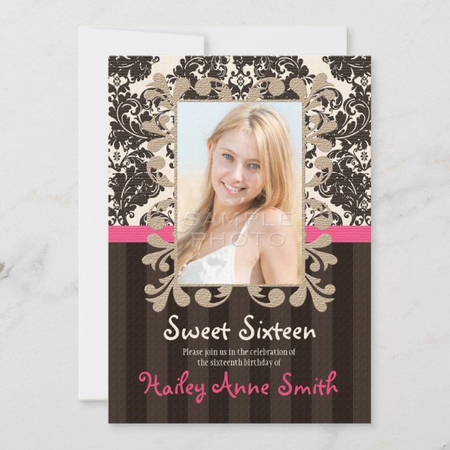 Fuchsia and Brown Vintage Damask Sweet Sixteen Invitation (Front)