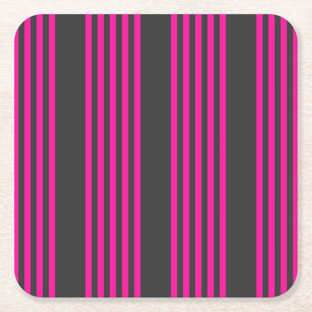 Fuchsia and charcoal five stripes pattern square paper coaster (Front)