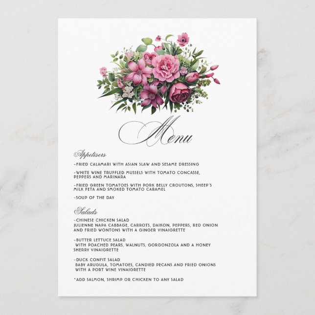 Fuchsia and Emerald Green Floral Wedding Menu (Front)
