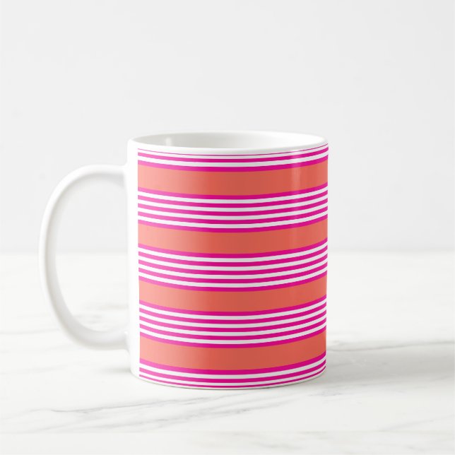 Fuchsia and living coral five stripes pattern coffee mug (Left)