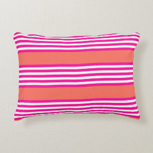 Fuchsia and living coral five stripes pattern decorative cushion