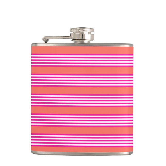 Fuchsia and living coral five stripes pattern hip flask (Front)