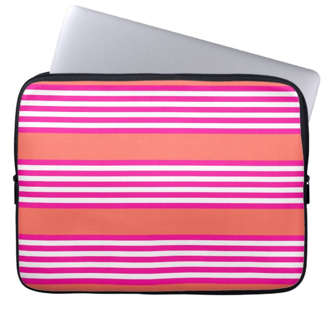 Fuchsia and living coral five stripes pattern laptop sleeve (Front)