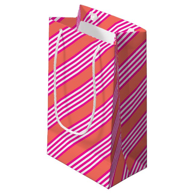 Fuchsia and living coral five stripes pattern small gift bag (Front Angled)