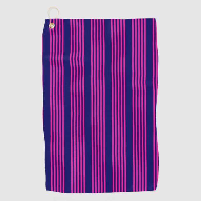 Fuchsia and navy blue five stripes pattern golf towel (Front)