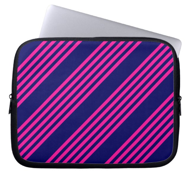 Fuchsia and navy blue five stripes pattern laptop sleeve (Front)