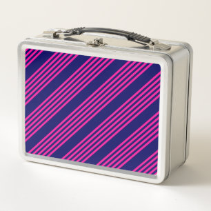 Fuchsia and navy blue five stripes pattern metal lunch box