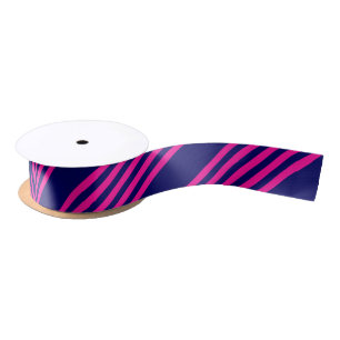 Fuchsia and navy blue five stripes pattern satin ribbon