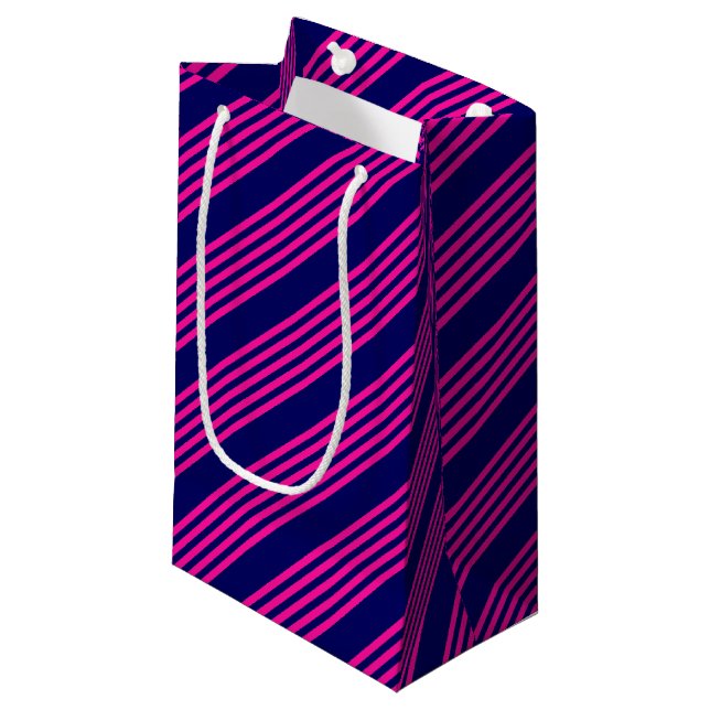 Fuchsia and navy blue five stripes pattern small gift bag (Front Angled)