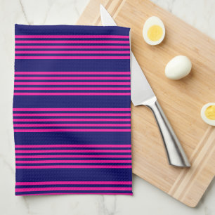 Fuchsia and navy blue five stripes pattern tea towel