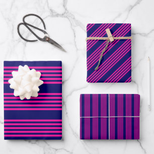 Fuchsia and navy blue five stripes pattern wrapping paper sheet
