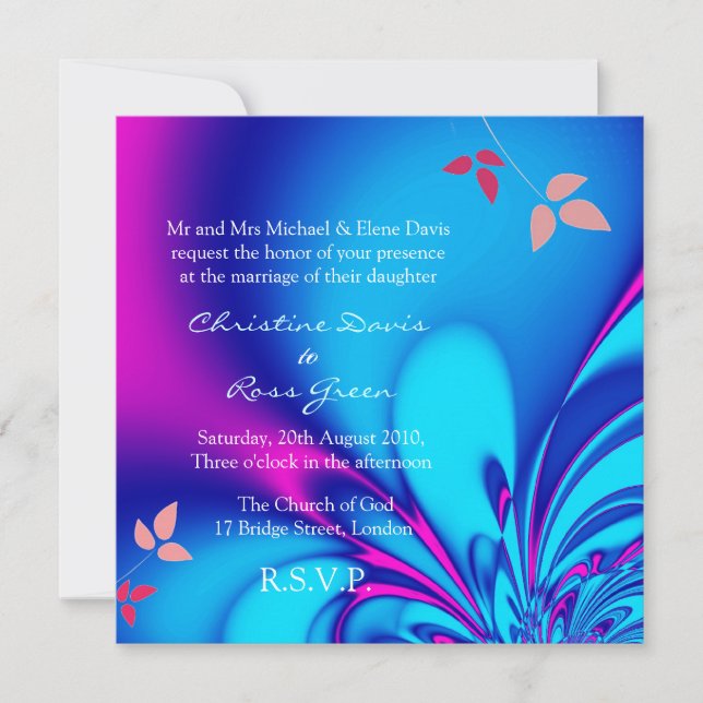 Fuchsia and navy blue wedding invitation (Front)