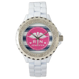 Fuchsia and Navy Stripe Caduceus RN Nurse Watch