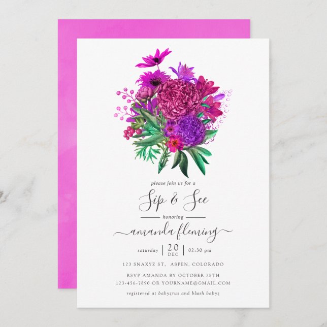 Fuchsia and Purple Shabby Floral Sip and See Invitation (Front/Back)