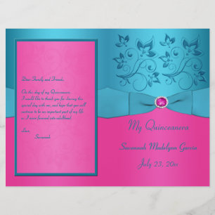 Fuchsia and Turquoise Floral Quinceanera Program