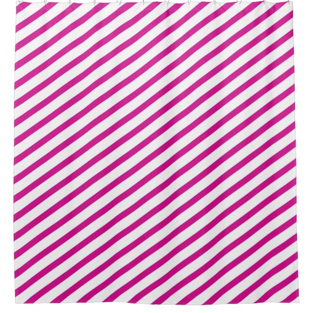 Fuchsia and White Diagonal Stripes Modern Shower Curtain (Front)