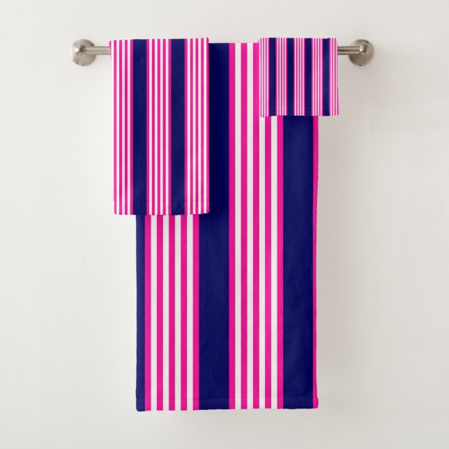 Fuchsia and white five stripes pattern with blue bath towel set (Insitu)