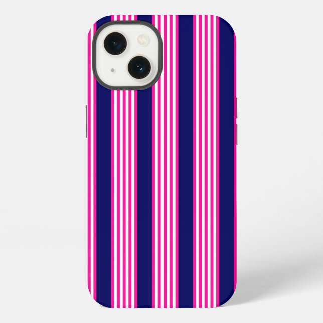 Fuchsia and white five stripes pattern with blue iPhone case (Back)