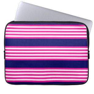 Fuchsia and white five stripes pattern with blue laptop sleeve
