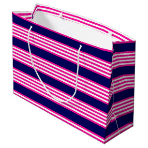 Fuchsia and white five stripes pattern with blue large gift bag