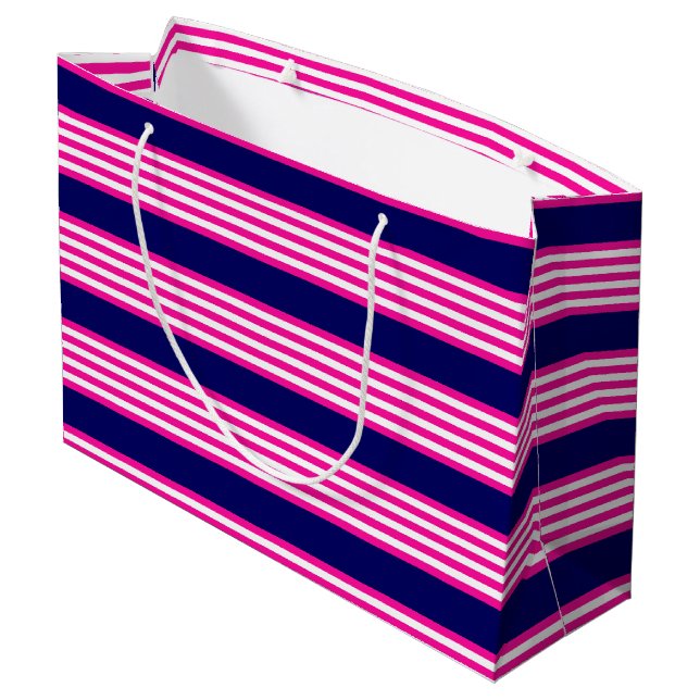 Fuchsia and white five stripes pattern with blue large gift bag (Back Angled)