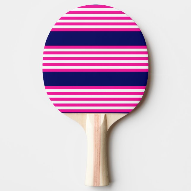 Fuchsia and white five stripes pattern with blue ping pong paddle (Front)