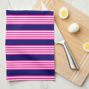 Fuchsia and white five stripes pattern with blue tea towel