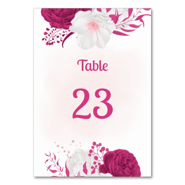 fuchsia and white flowers botanical  table number (Front)