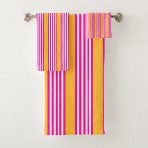 Fuchsia and yellow five stripes pattern bath towel set