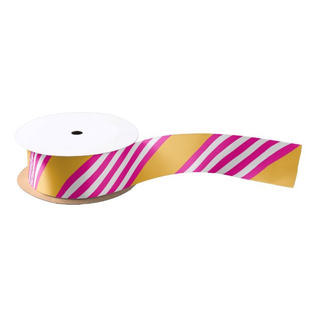 Fuchsia and yellow five stripes pattern satin ribbon (Spool)