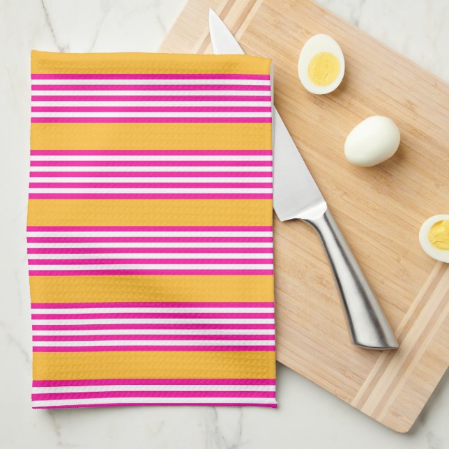 Fuchsia and yellow five stripes pattern tea towel (Quarter Fold)