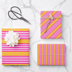 Fuchsia and yellow five stripes pattern wrapping paper sheet