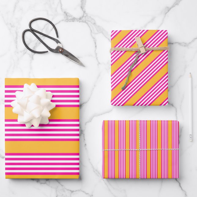Fuchsia and yellow five stripes pattern wrapping paper sheet (Front)
